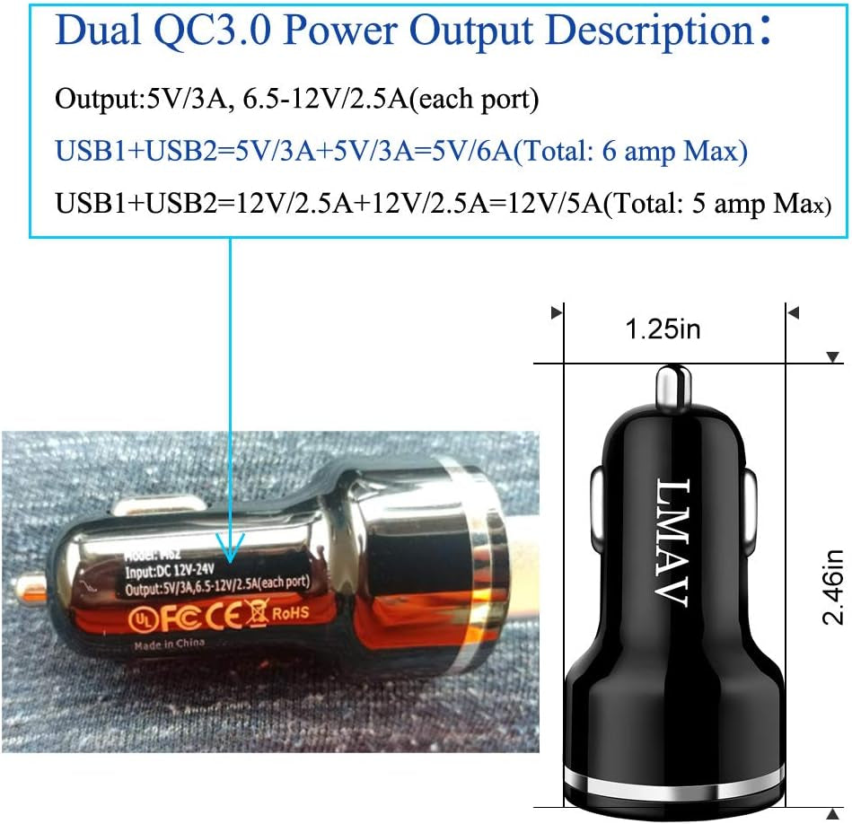 USB Car Charger Adapter, Dual QC3.0 Fast Car Phone Charger, 2-Port 48W 6A Car Charger Fast Charging Compatible with Iphone 12/11, Samsung Galaxy S20/Note20, LG, Tablet and More [2Pack].