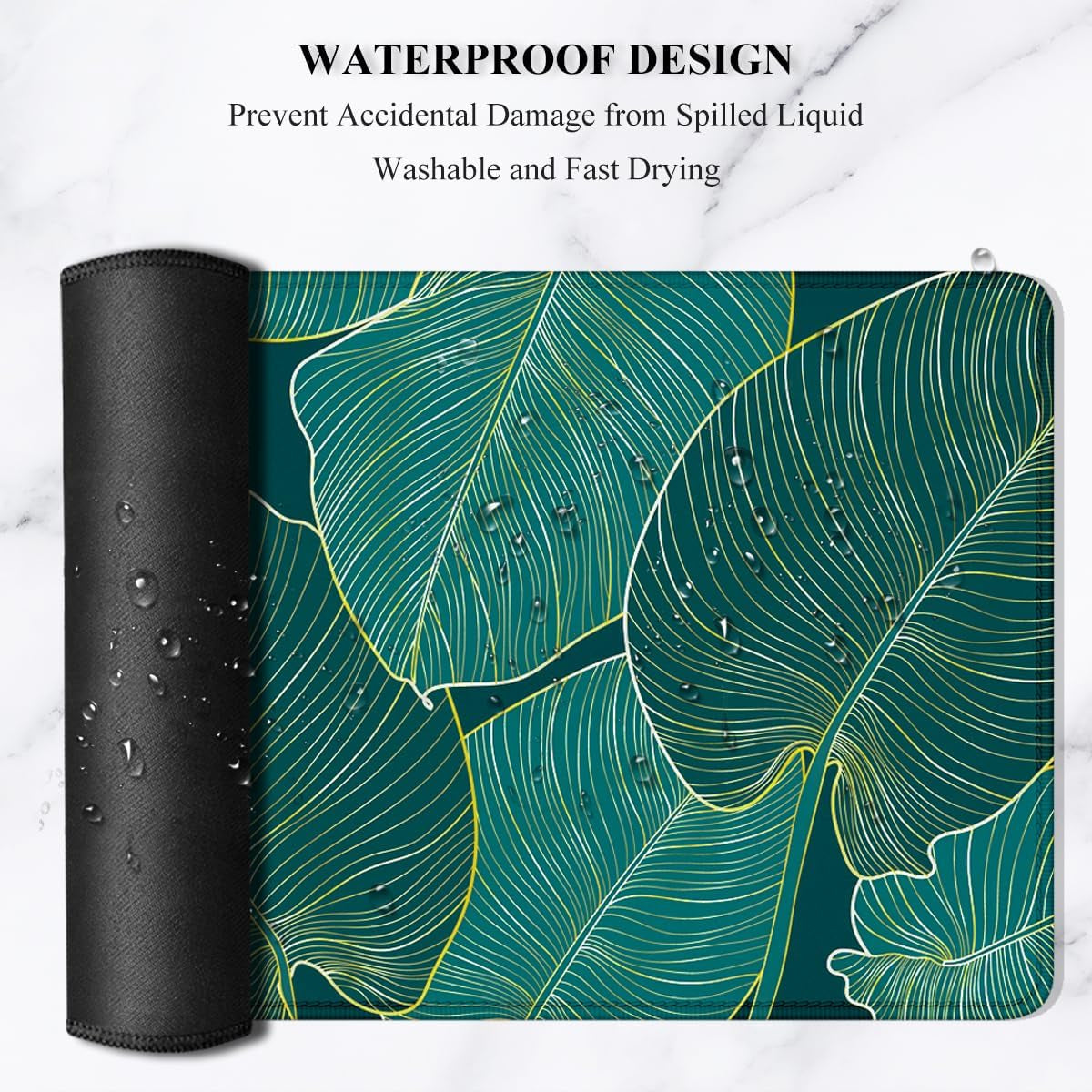 Desk Pad, XL Extended Large Gaming Mouse Pad 31.5 X 11.8 Inch, Waterproof Mousepad with Stitched Edge, Non-Slip Computer Keyboard Laptop Mat for Women Men Office Work, Teal Tropical Leaves