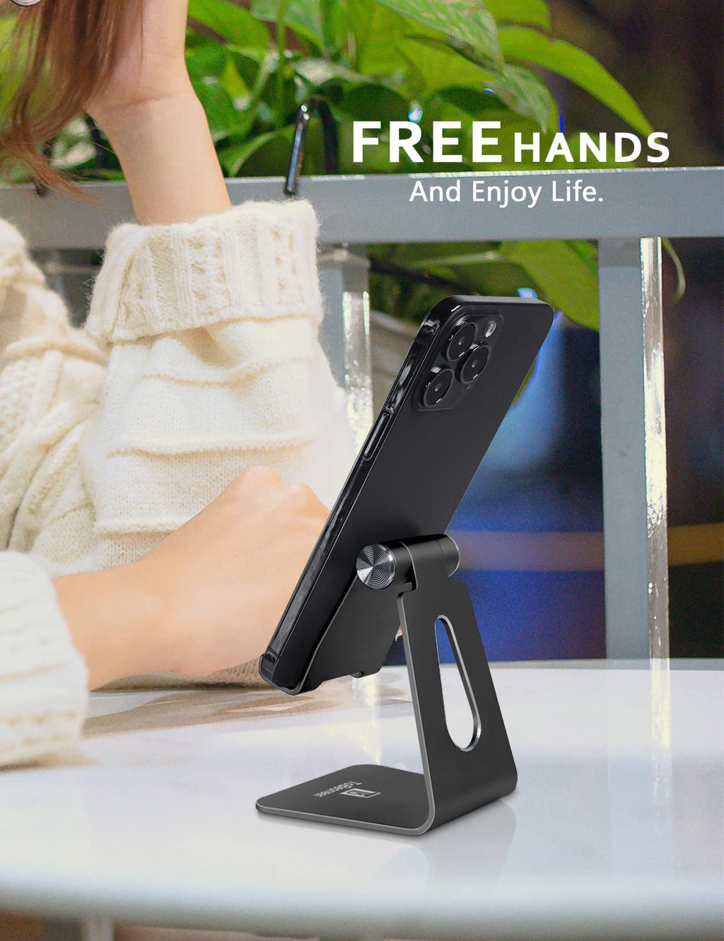 Phone Stand for Desk, Single Adjustable Cell Phone Holder, Portable Mobile Phone Cradle Dock for Iphone 15, 14, 13, 12 Pro Max, Samsung, Huawei, and All Smartphones. (Black)