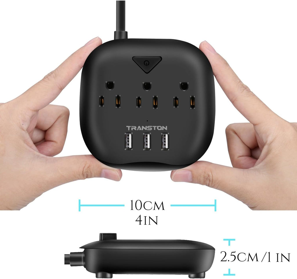 Power Strip 3 Outlets and 3 USB Ports with Switch Control, Desktop Charging Station with 5 Ft Extension Cord, Compact for Nightstand, Office and Travel - Black