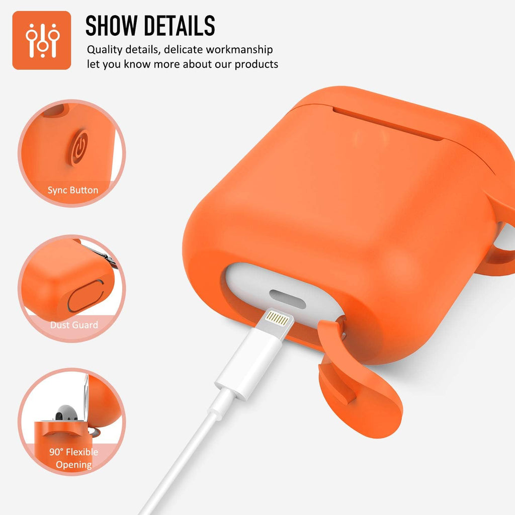 Protective Silicone Case with Keychain for Apple Airpods 1 & 2 (Front LED Not Visible) (Vibrant Orange)