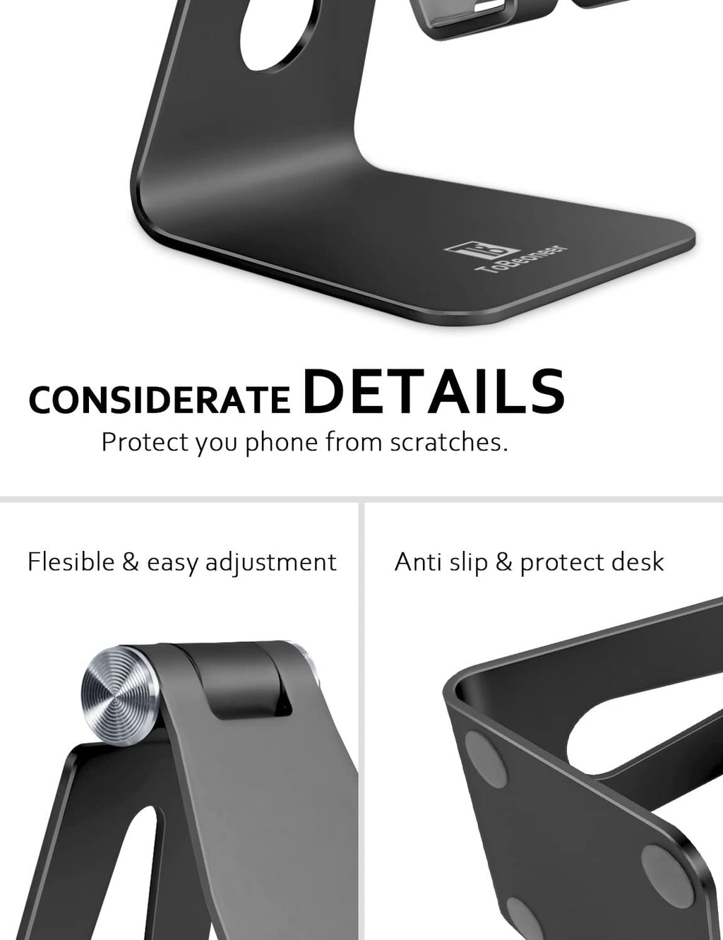 Phone Stand for Desk, Single Adjustable Cell Phone Holder, Portable Mobile Phone Cradle Dock for Iphone 15, 14, 13, 12 Pro Max, Samsung, Huawei, and All Smartphones. (Black)