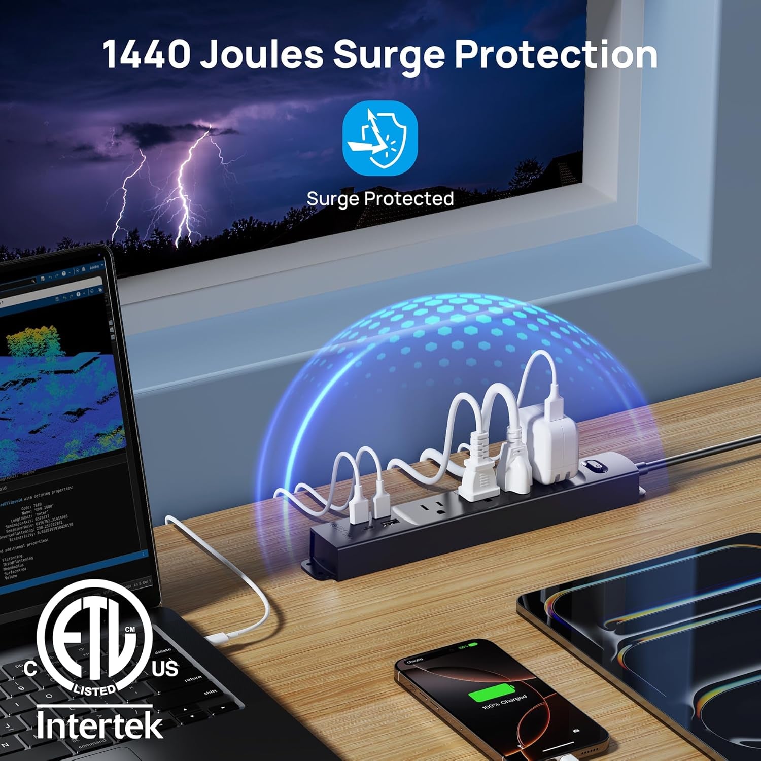 Surge Protector Power Strip with USB, Ultra Thin Flat Plug 6Ft Long Extension Cord 1625W, 3 USB a & 1 Type C, 4 AC Outlets 1440J Surge Protection Wall Mount for Home Office Dorm Room, Black